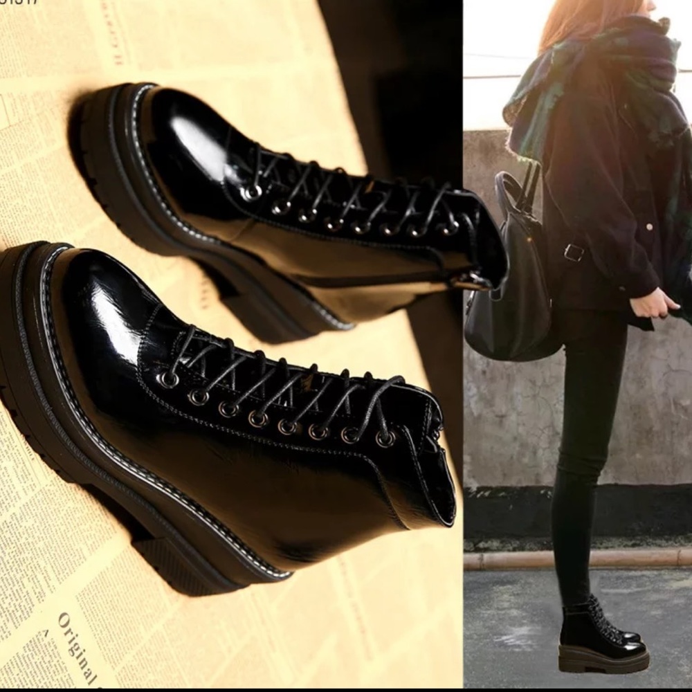 NEW black patent chunky heel marten style boot